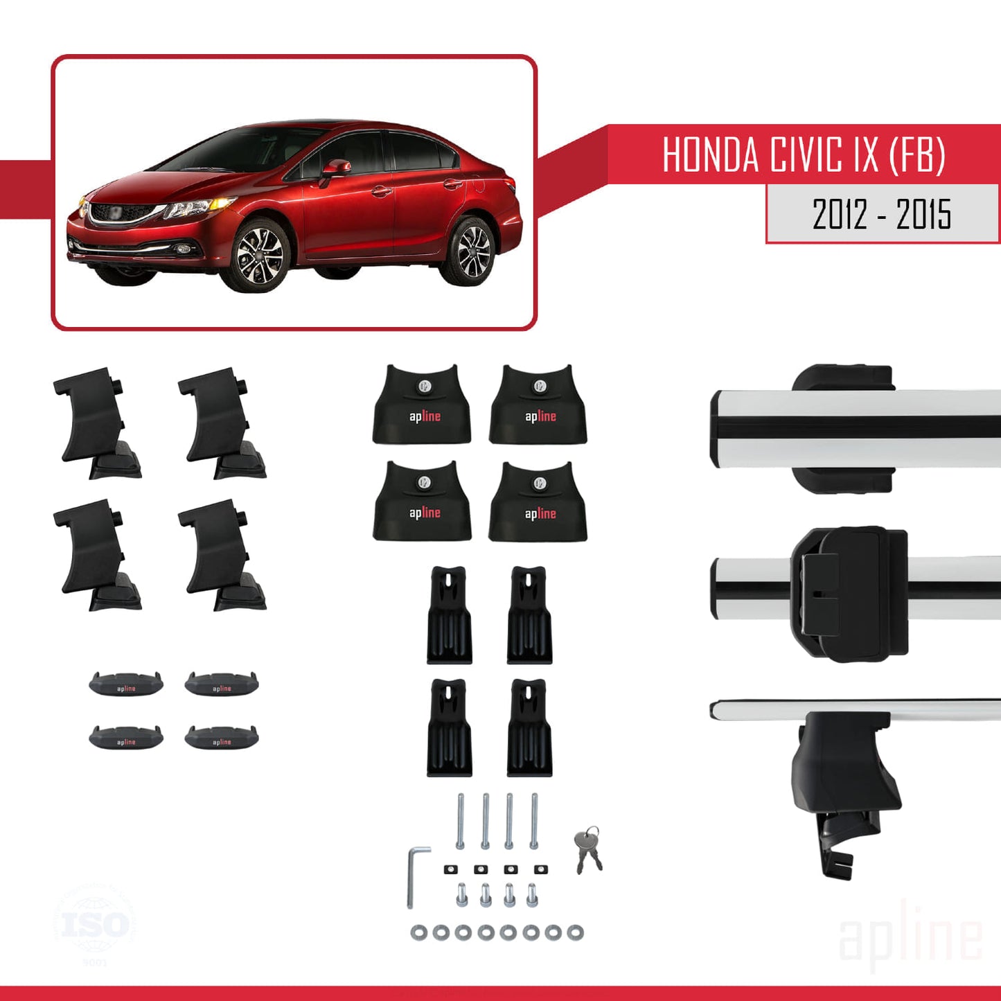 Compatible with Honda Civic 9 (FB) Sedan 2012-2015 ACE-4 Car Roof Rack Cross Bar Grey Aluminium 2 Bars