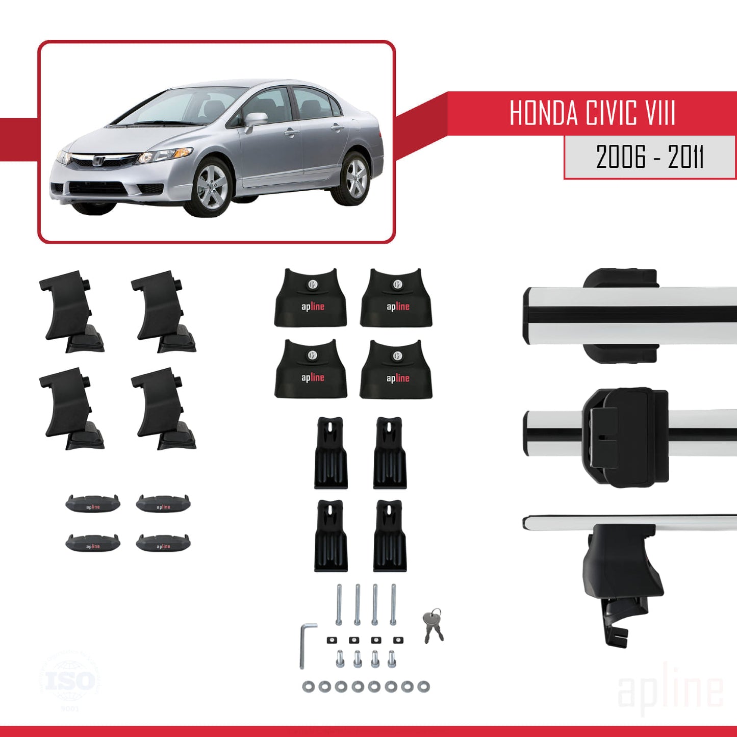 Kompatibel mit Honda Civic 8 V3 Stufenheck 2006-2011 ACE-4 Relingträger Dachträger Auto Gepäckträger Grau Aluminium 2 Stangen