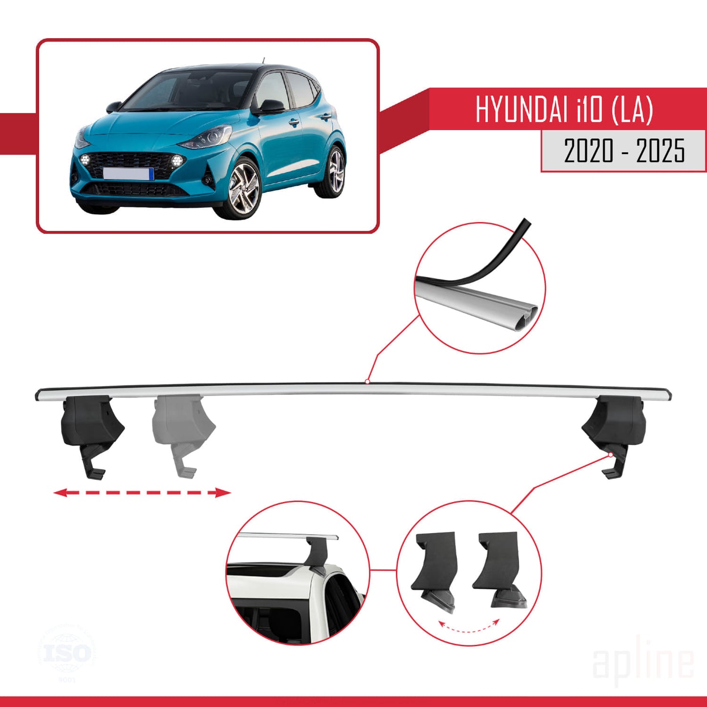 Compatible with Hyundai i10 III (AC3) 2020-2025 ACE-4 Car Roof Rack Cross Bar Grey Aluminium 2 Bars