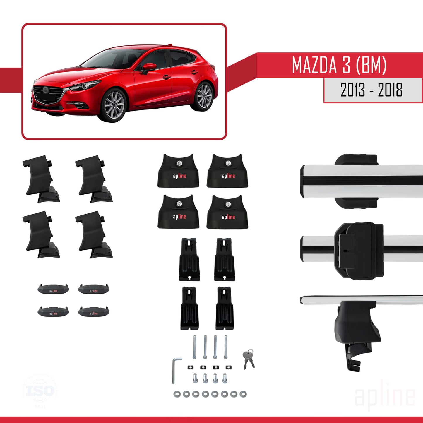 Compatible with Mazda 3 III (BM) 2013-2018 ACE-4 Car Roof Rack Cross Bar Grey Aluminium 2 Bars