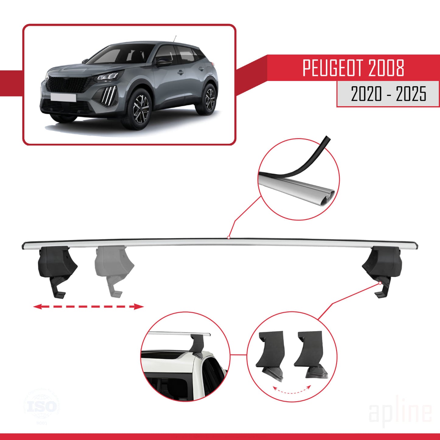 Compatible with Peugeot 2008 II (P24) 2020-2025 ACE-4 Car Roof Rack Cross Bar Grey Aluminium 2 Bars