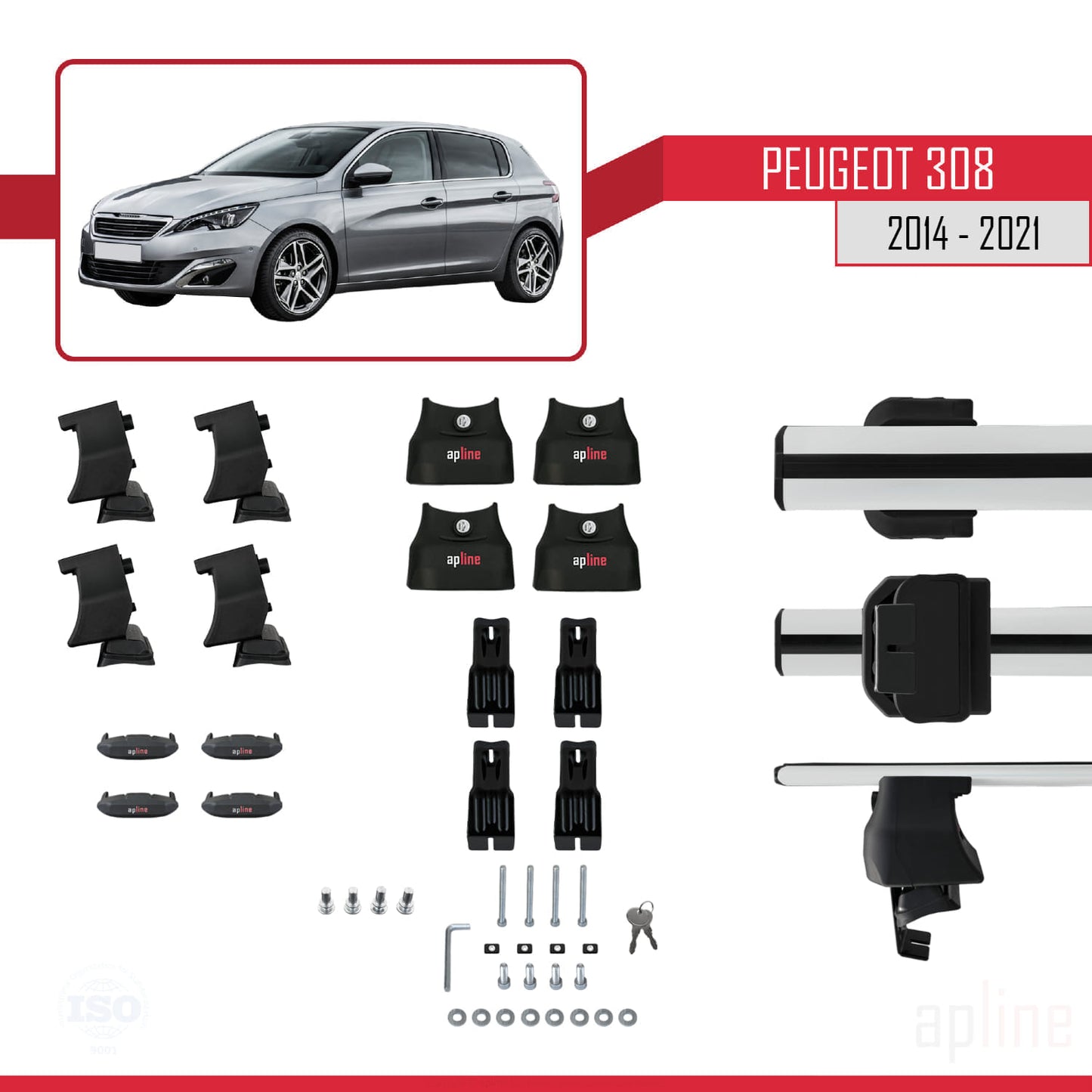 Kompatibel mit Peugeot 308 II (T9) 2014-2021 ACE-4 Relingträger Dachträger Auto Gepäckträger Grau Aluminium 2 Stangen