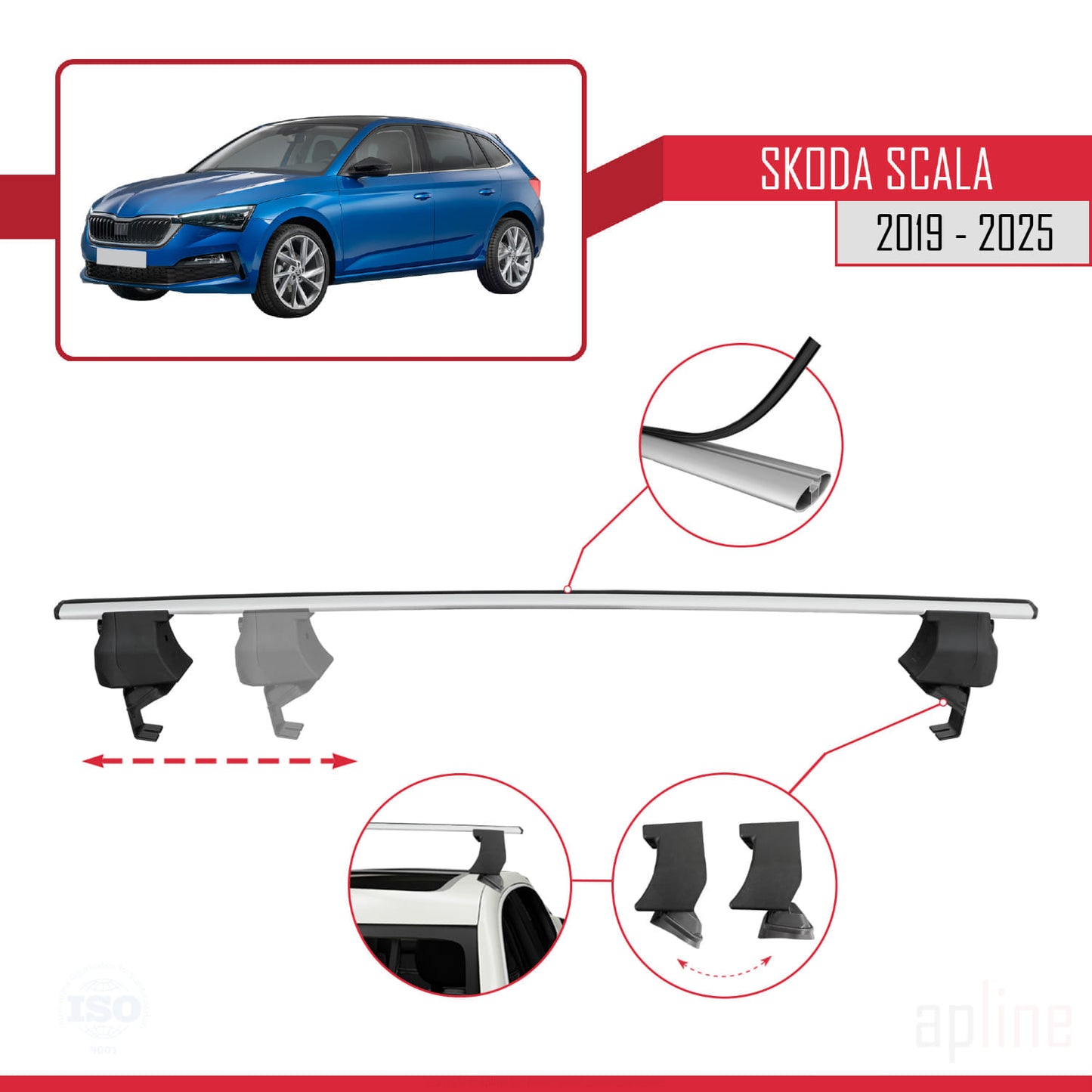 Compatible avec Skoda Scala 2019-2025 ACE-4 Barres de Toit Railing Porte-Bagages de Voiture Gris Aluminium 2 Barres