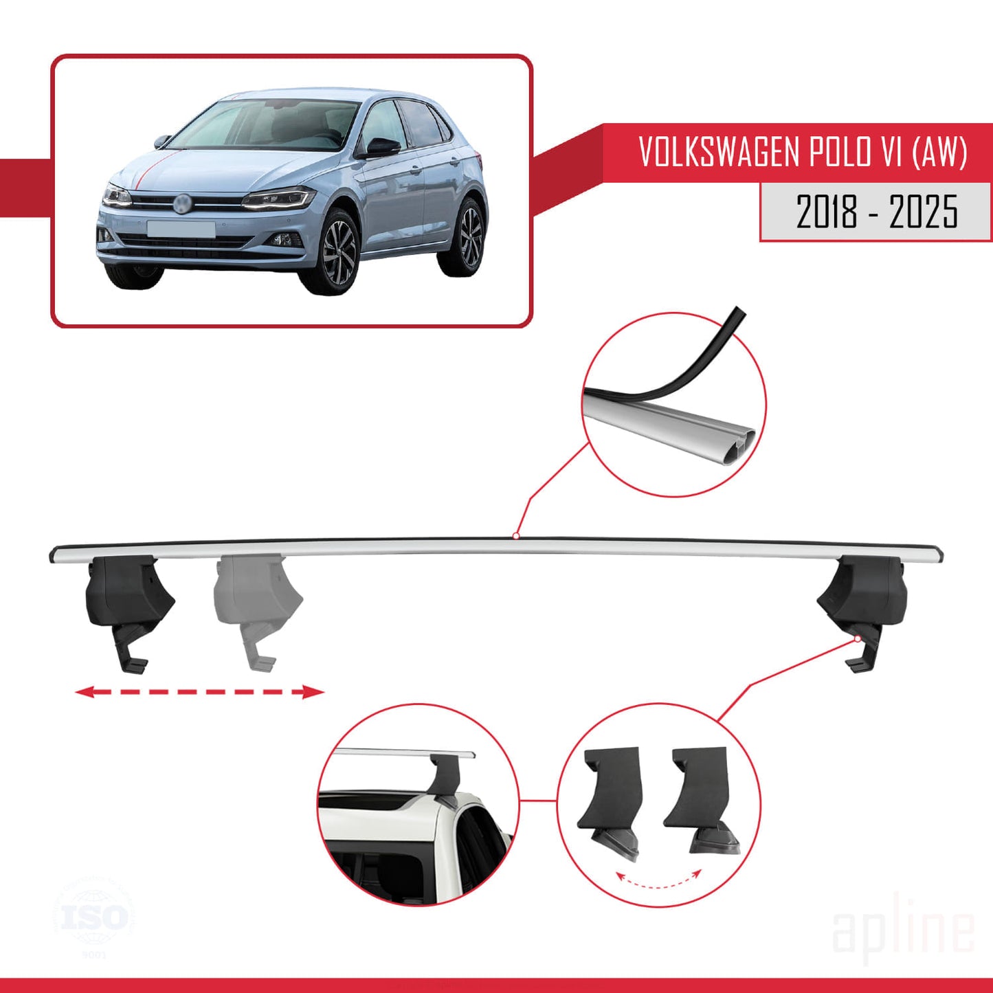 Kompatibel mit Volkswagen Polo 6 (AW) 2018-2025 ACE-4 Relingträger Dachträger Auto Gepäckträger Grau Aluminium 2 Stangen