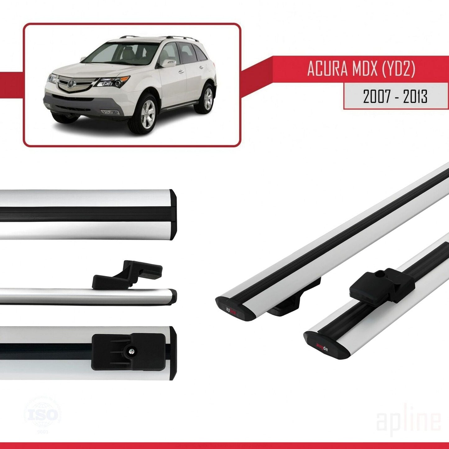 Kompatibel mit Acura MDX (YD2) 2007-2013 Basismodell Dachgepäckträger, graues Aluminium, 2 Stangen