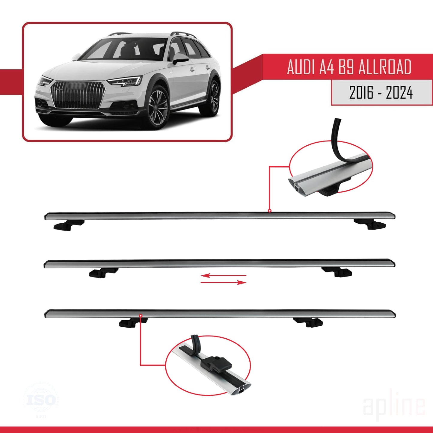 Kompatibel mit A4 (B9) Allroad 2016-2024 Basismodell Dachgepäckträger Reling Autogepäckträger Graues Aluminium 3 Stangen