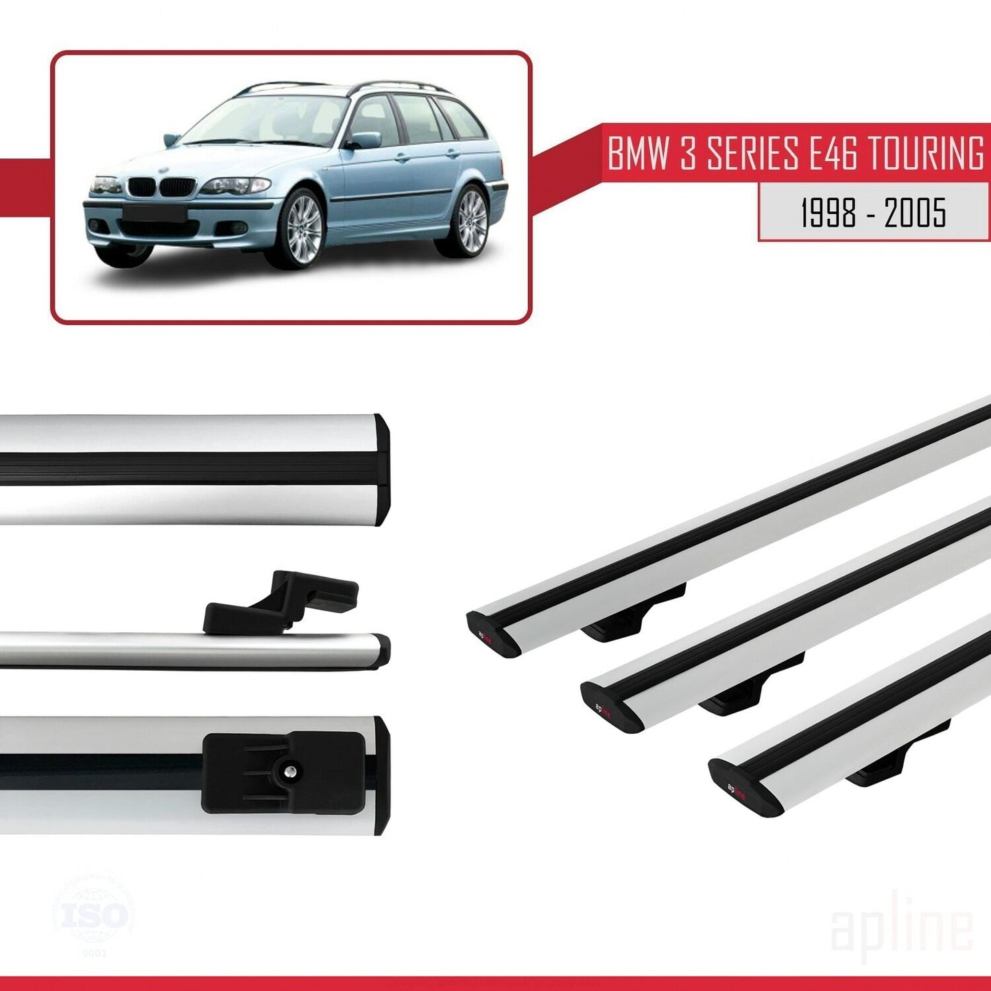 Kompatibel mit BMW 3er (E46) Touring 1999-2005 Basismodell Dachgepäckträger, graues Aluminium, 3-teilig