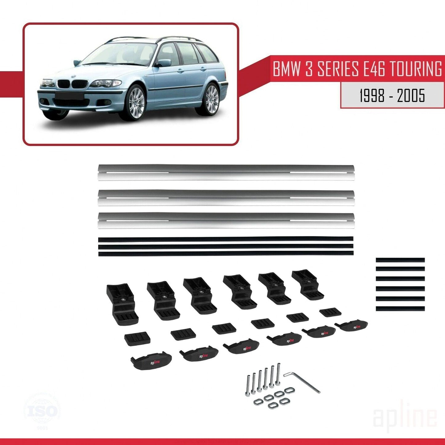 Kompatibel mit BMW 3er (E46) Touring 1999-2005 Basismodell Dachgepäckträger, graues Aluminium, 3-teilig
