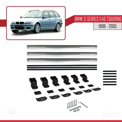 Kompatibel mit BMW 3er (E46) Touring 1999-2005 Basismodell Dachgepäckträger, graues Aluminium, 3-teilig