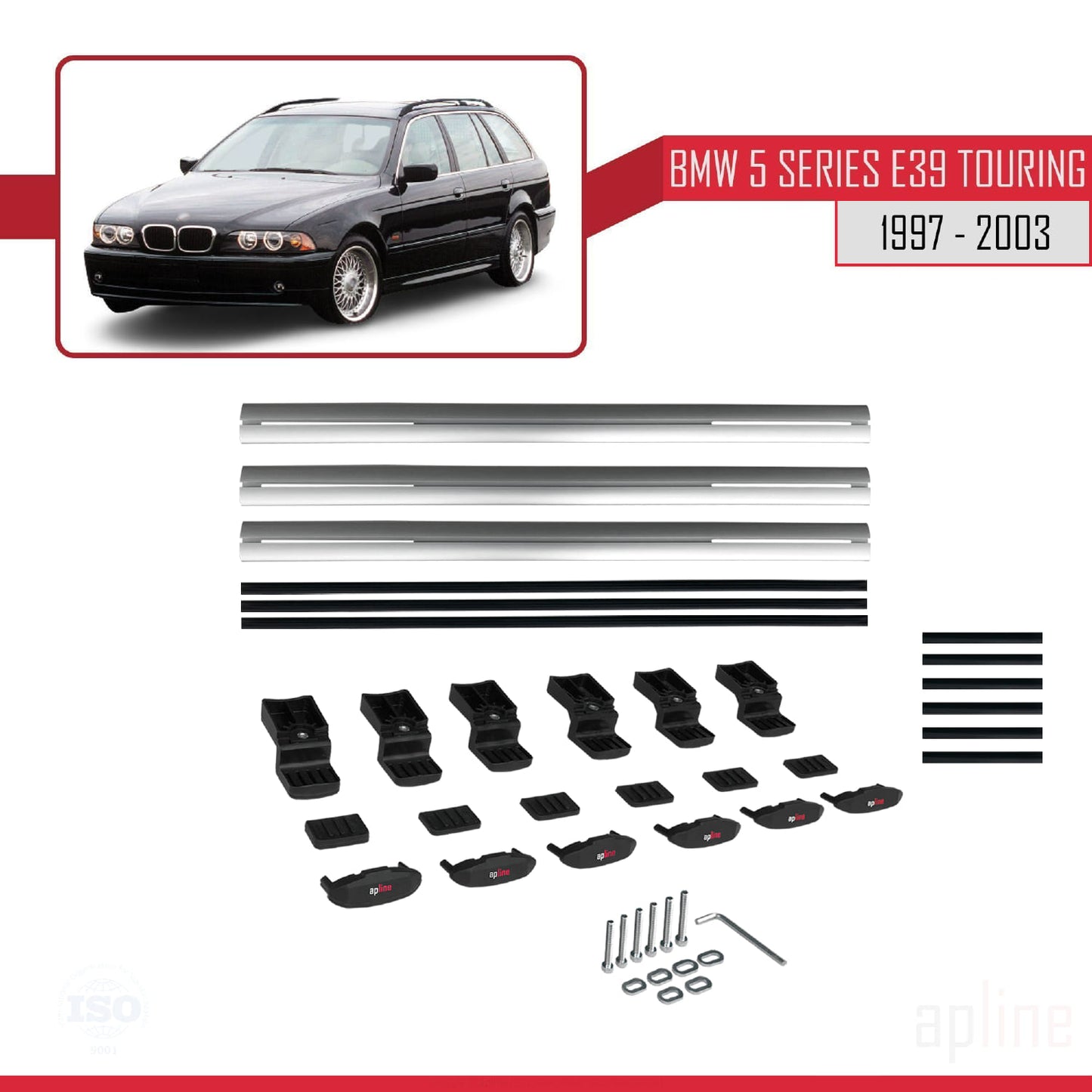 Kompatibel mit BMW 5er (E39) Touring 1997-2003 Basismodell Dachgepäckträger, graues Aluminium, 3-teilig
