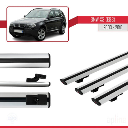Kompatibel mit BMW X3 (E83) 2003-2010 Basismodell Dachgepäckträger, graues Aluminium, 3-teilig
