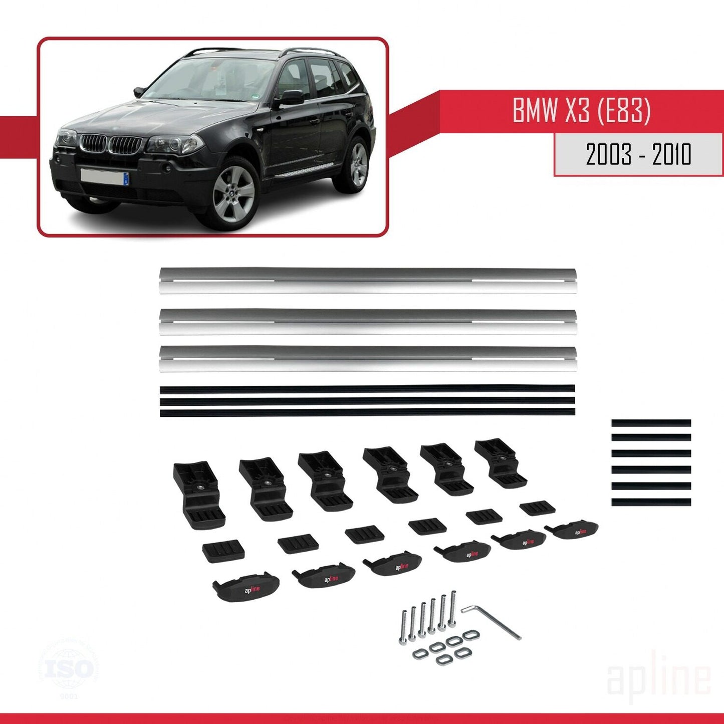 Kompatibel mit BMW X3 (E83) 2003-2010 Basismodell Dachgepäckträger, graues Aluminium, 3-teilig