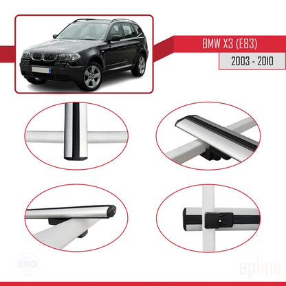 Kompatibel mit BMW X3 (E83) 2003-2010 Basismodell Dachgepäckträger, graues Aluminium, 2 Stangen