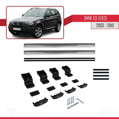 Kompatibel mit BMW X3 (E83) 2003-2010 Basismodell Dachgepäckträger, graues Aluminium, 2 Stangen