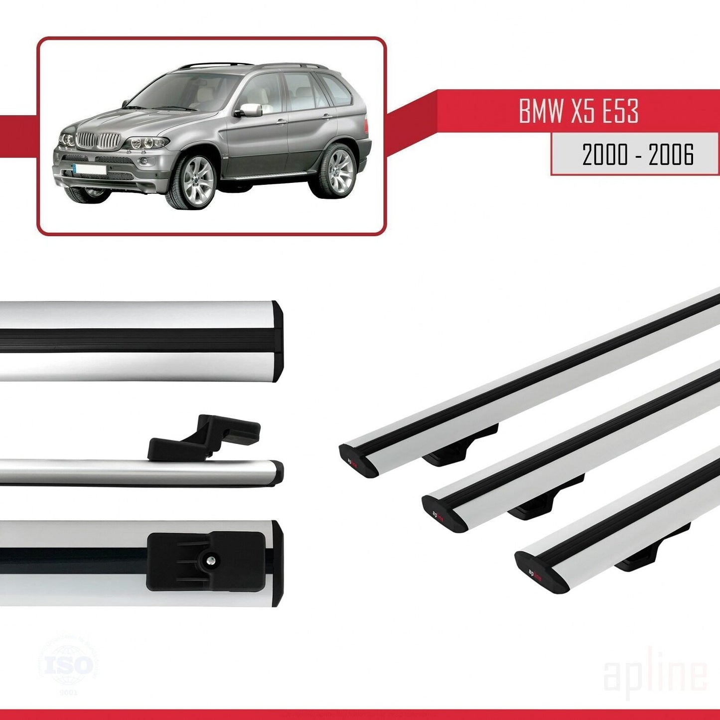 Kompatibel mit BMW X5 (E53) 2000-2006 Basismodell Dachgepäckträger, graues Aluminium, 3-teilig