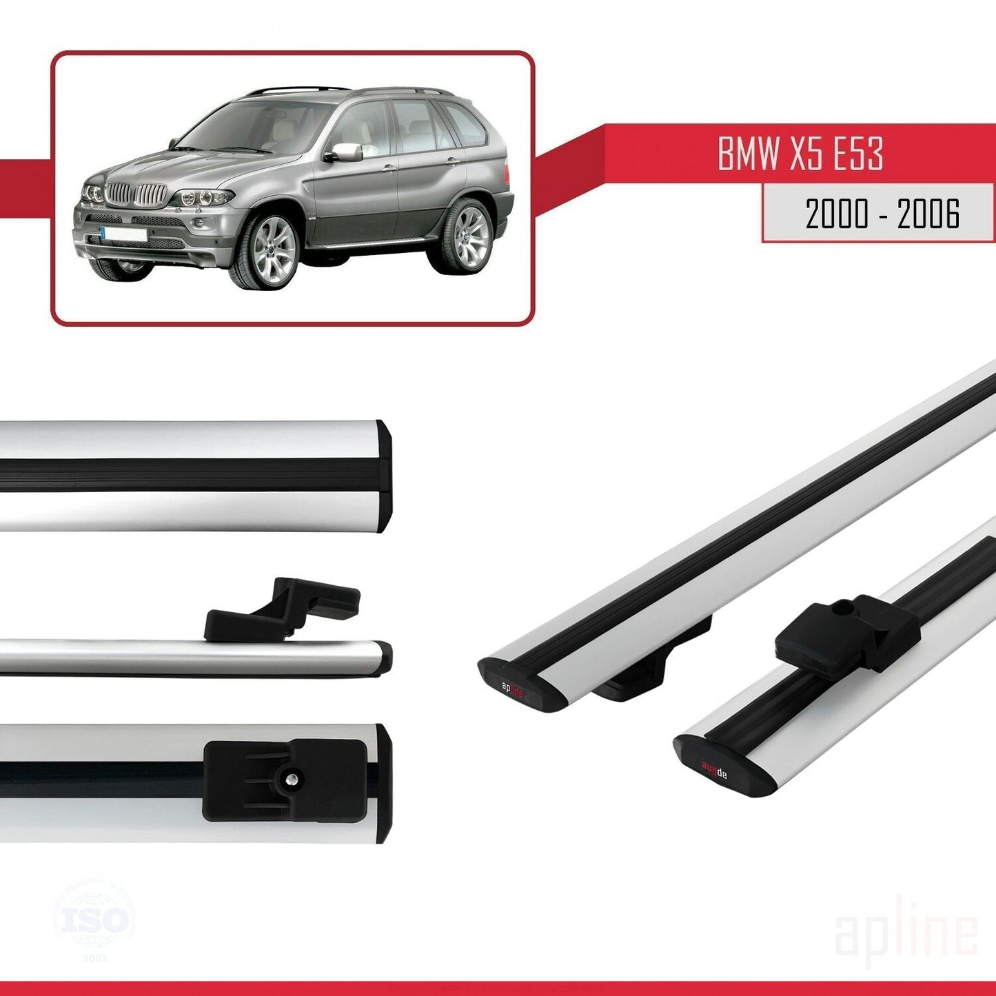 Kompatibel mit BMW X5 (E53) 2000-2006 Basismodell Dachgepäckträger, graues Aluminium, 2 Stangen