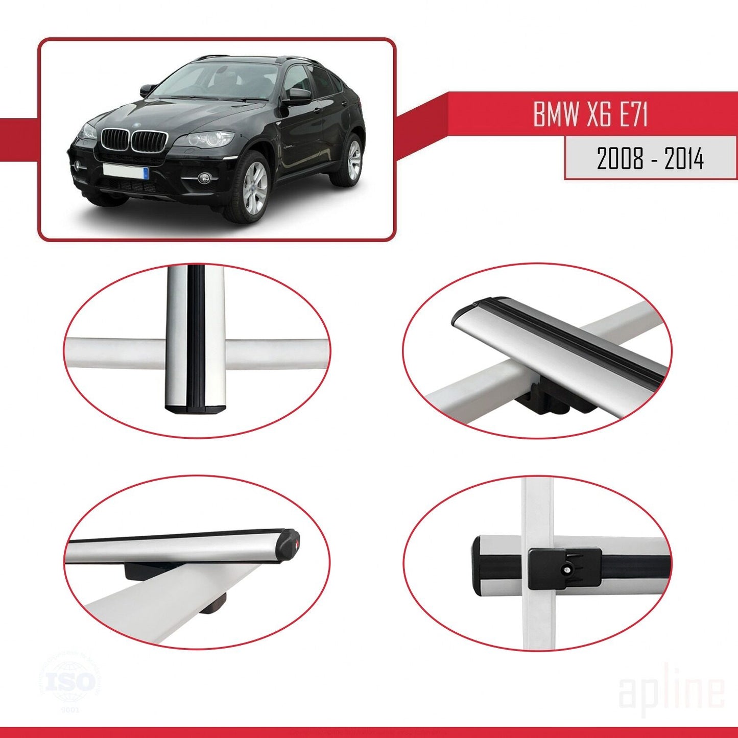 Kompatibel mit BMW X6 (E71) 2008-2014 Basismodell Dachgepäckträger, graues Aluminium, 2 Stangen