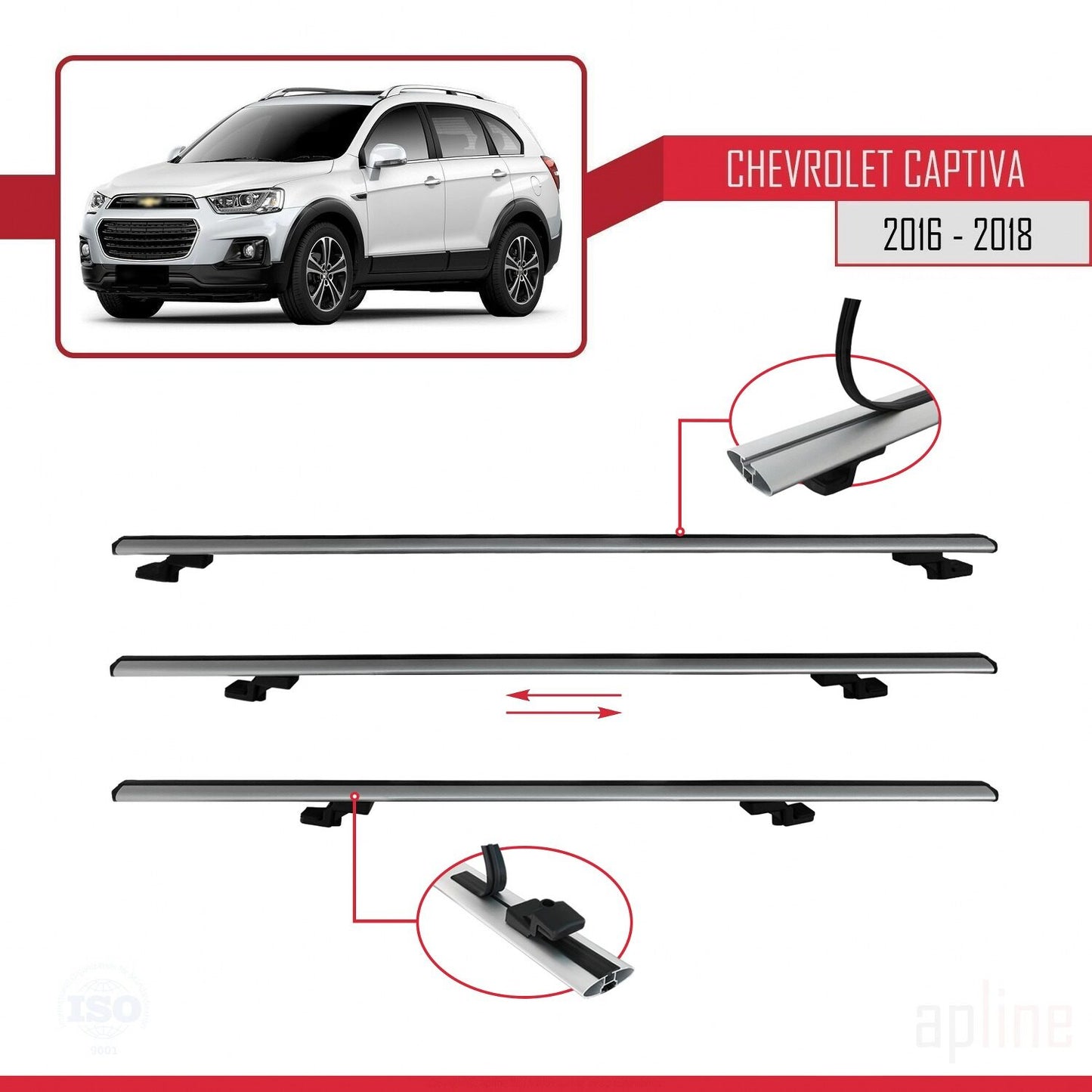 Kompatibel mit Chevrolet Captiva 2016-2018 BASIC Modell Dachgepäckträger, graues Aluminium, 3 Stangen