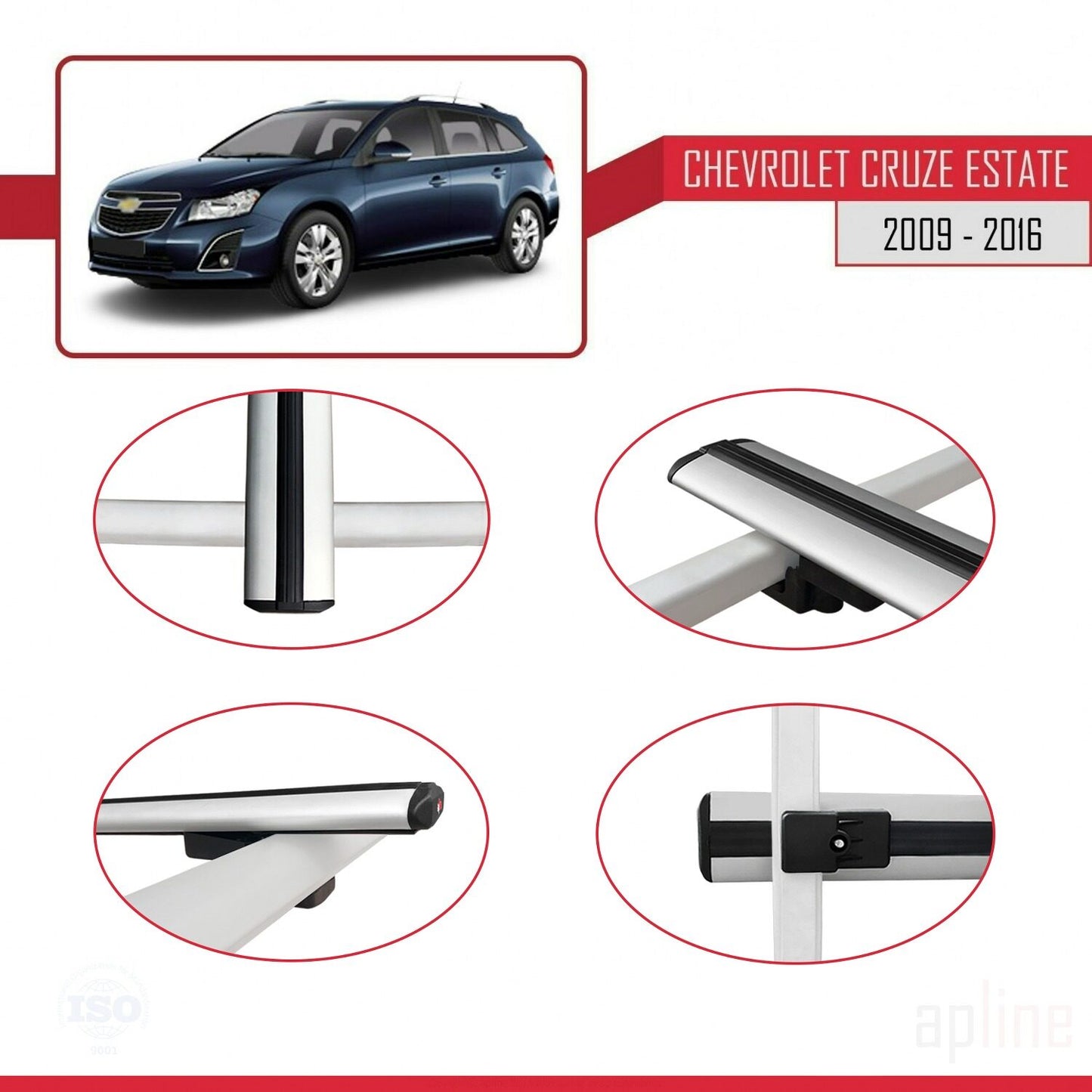 Kompatibel mit Chevrolet Cruze (J300) 2009-2016 Basismodell Dachgepäckträger, graues Aluminium, 3 Stangen