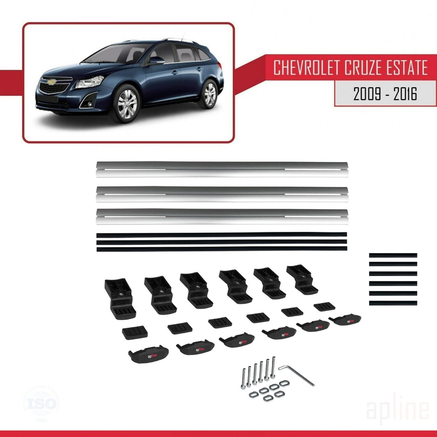 Kompatibel mit Chevrolet Cruze (J300) 2009-2016 Basismodell Dachgepäckträger, graues Aluminium, 3 Stangen