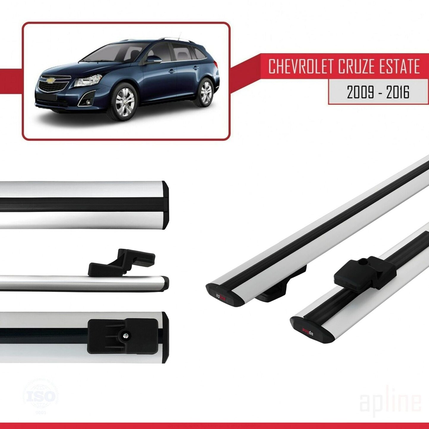 Kompatibel mit Chevrolet Cruze (J300) 2009-2016 Basismodell Dachgepäckträger, graues Aluminium, 2 Stangen