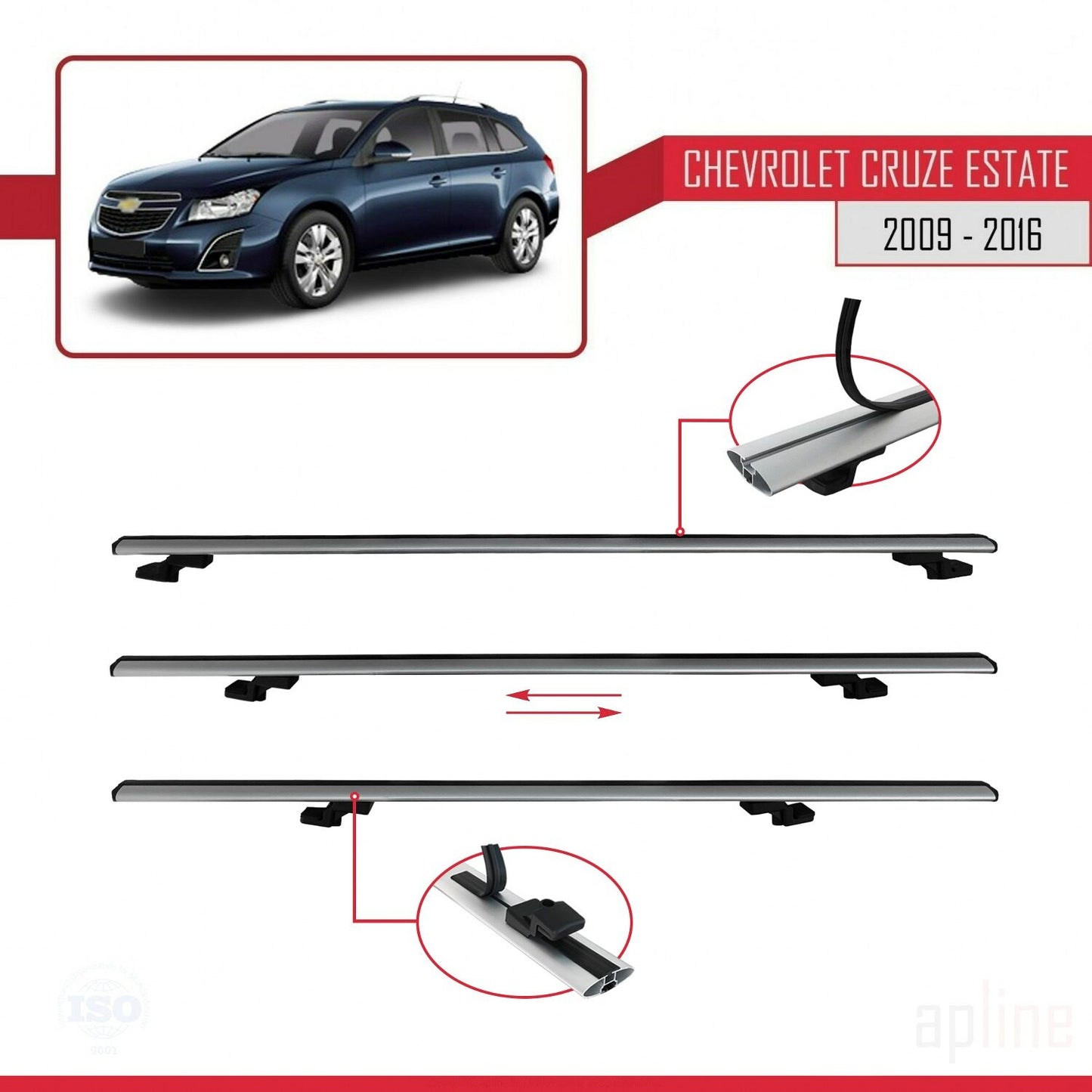 Kompatibel mit Chevrolet Cruze (J300) 2009-2016 Basismodell Dachgepäckträger, graues Aluminium, 2 Stangen