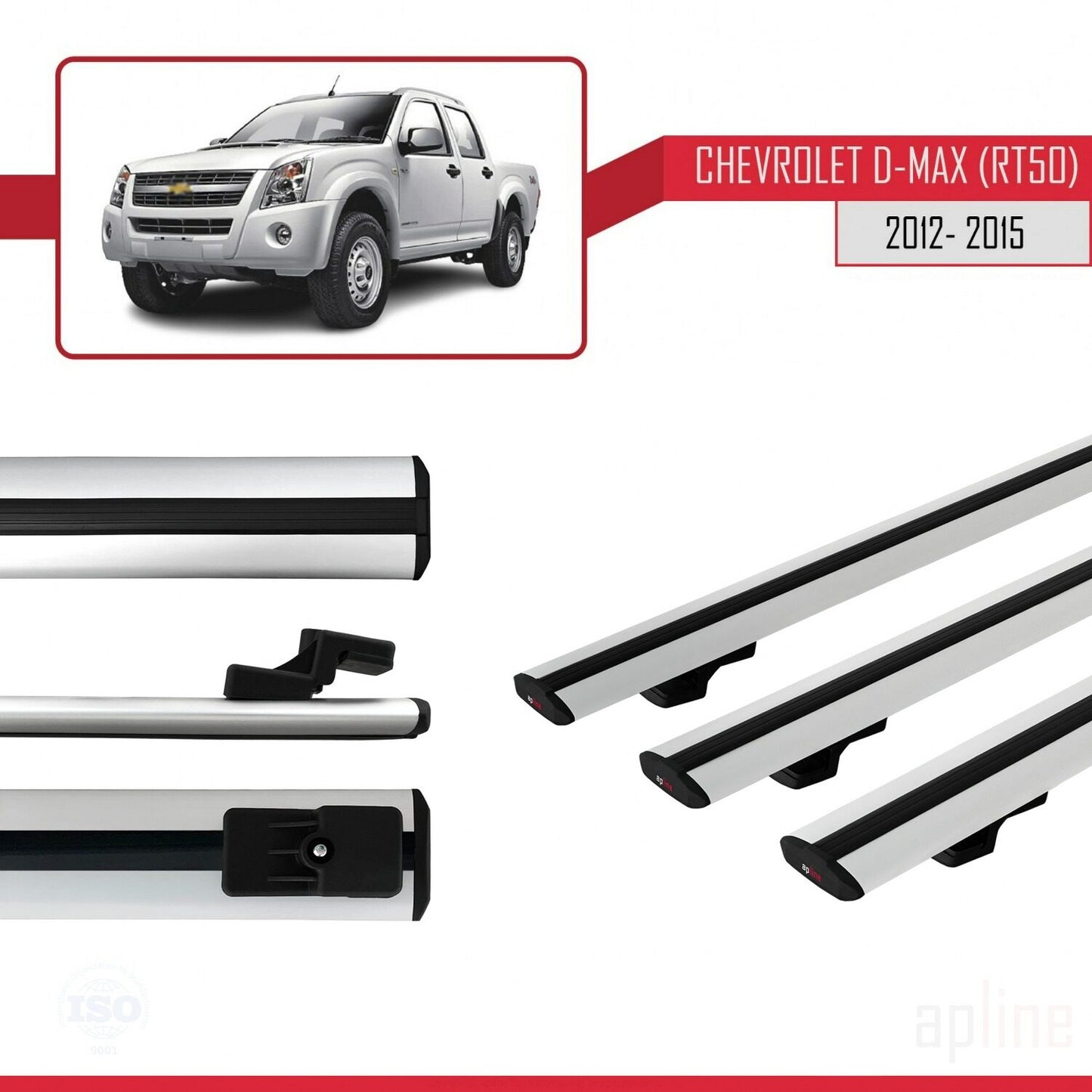 Kompatibel mit Chevrolet D-Max (RT50) 2012-2015 Basismodell Dachgepäckträger, graues Aluminium, 3 Stangen