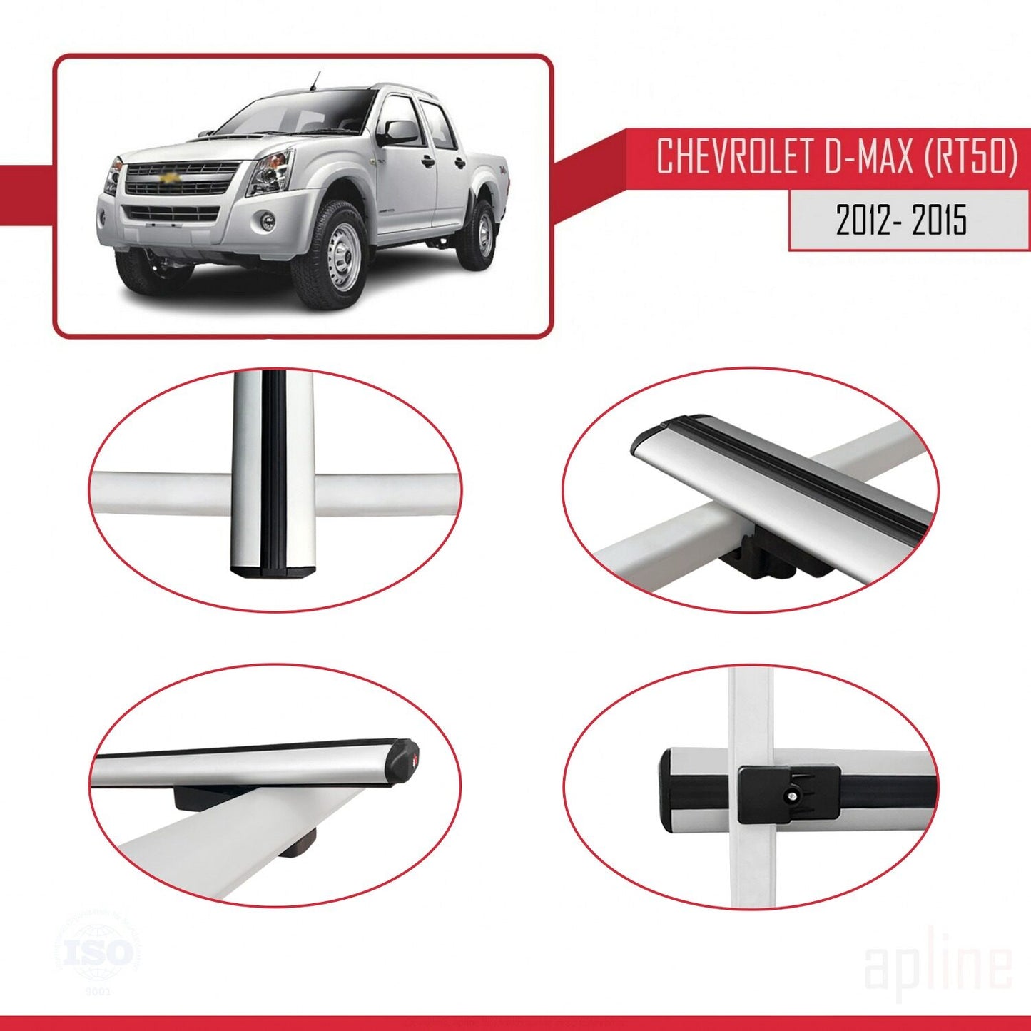Kompatibel mit Chevrolet D-Max (RT50) 2012-2015 Basismodell Dachgepäckträger, graues Aluminium, 2 Stangen