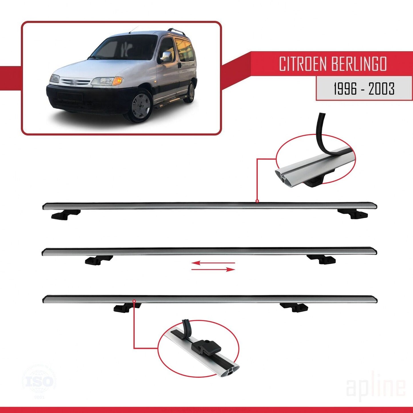 Compatible with Citroen Berlingo (M49) 1996-2003 BASIC Model Car Roof Rack Cross Bar Grey Aluminium 3 Bars