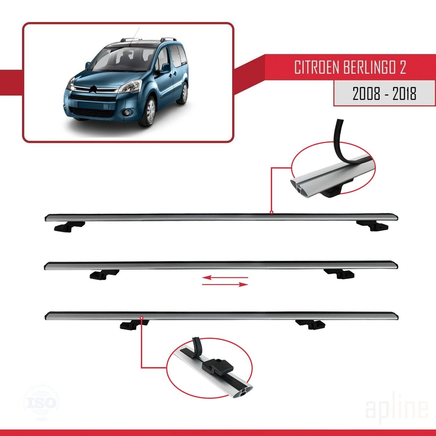 Kompatibel mit Citroen Berlingo 2 (B9) 2008-2018 BASIC Model Relingträger Dachträger Auto Gepäckträger Grau Aluminium 3 Stangen