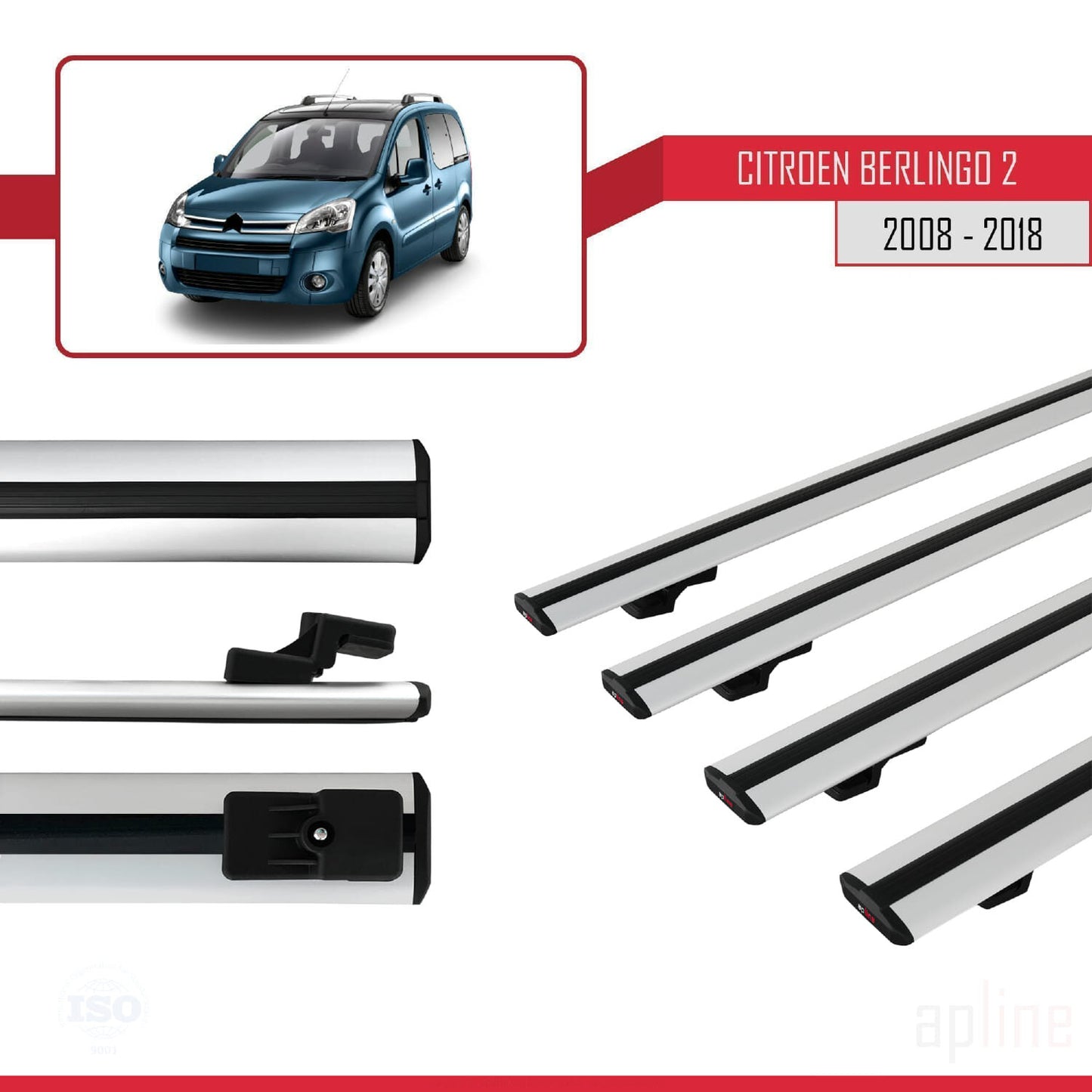 Kompatibel mit Citroen Berlingo 2 (B9) 2008-2018 BASIC Model Relingträger Dachträger Auto Gepäckträger Grau Aluminium 4 Stangen