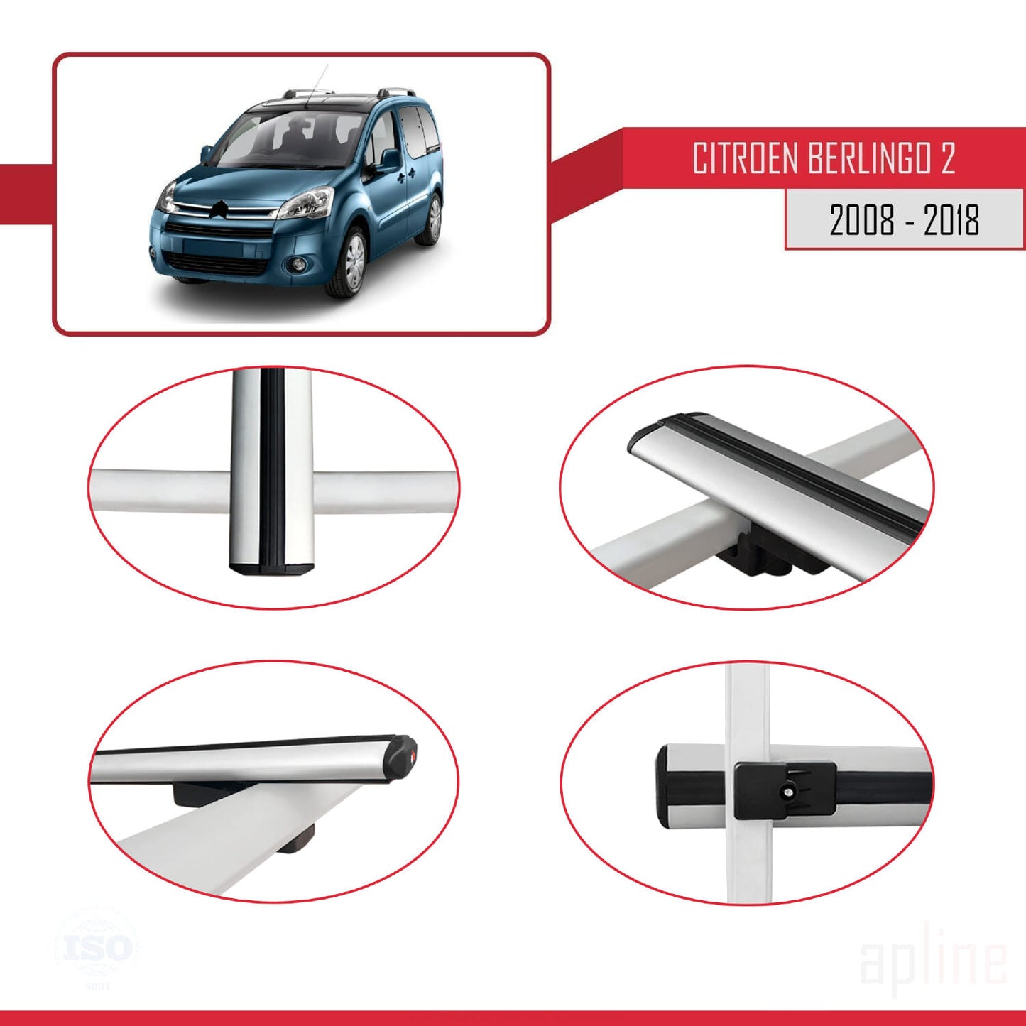 Kompatibel mit Citroen Berlingo 2 (B9) 2008-2018 BASIC Model Relingträger Dachträger Auto Gepäckträger Grau Aluminium 4 Stangen