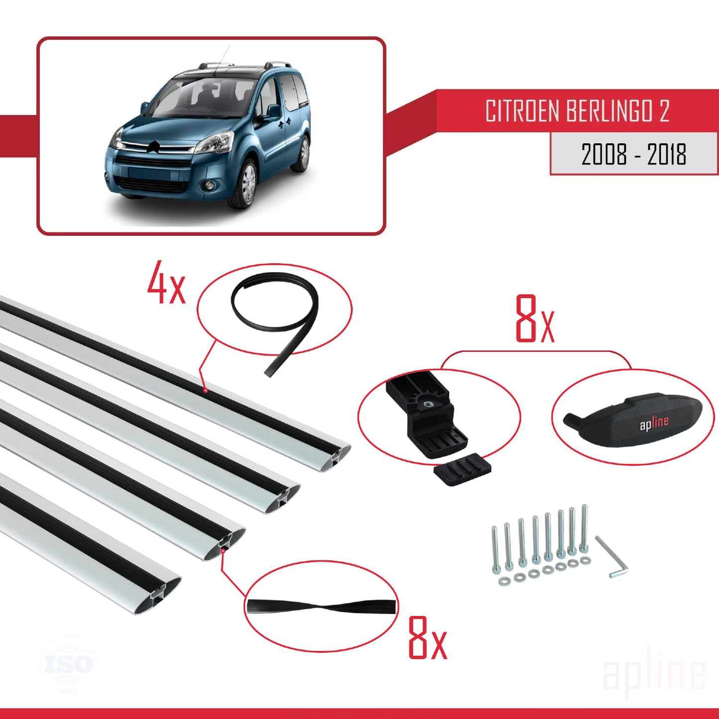 Kompatibel mit Citroen Berlingo 2 (B9) 2008-2018 BASIC Model Relingträger Dachträger Auto Gepäckträger Grau Aluminium 4 Stangen