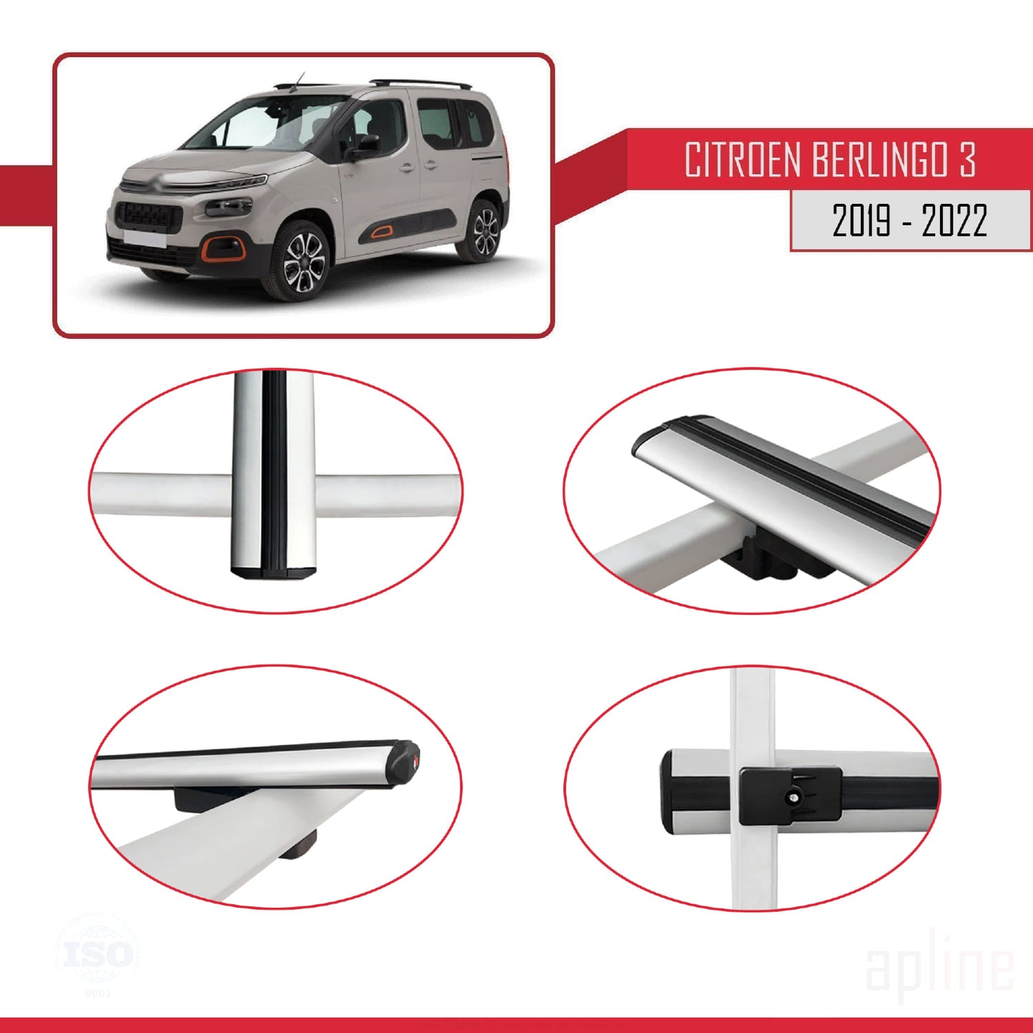 Kompatibel mit Citroen Berlingo 3 (K9) 2019-2022 BASIC Model Relingträger Dachträger Auto Gepäckträger Grau Aluminium 3 Stangen