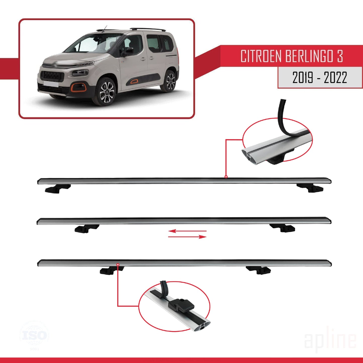 Kompatibel mit Citroen Berlingo 3 (K9) 2019-2022 BASIC Model Relingträger Dachträger Auto Gepäckträger Grau Aluminium 3 Stangen