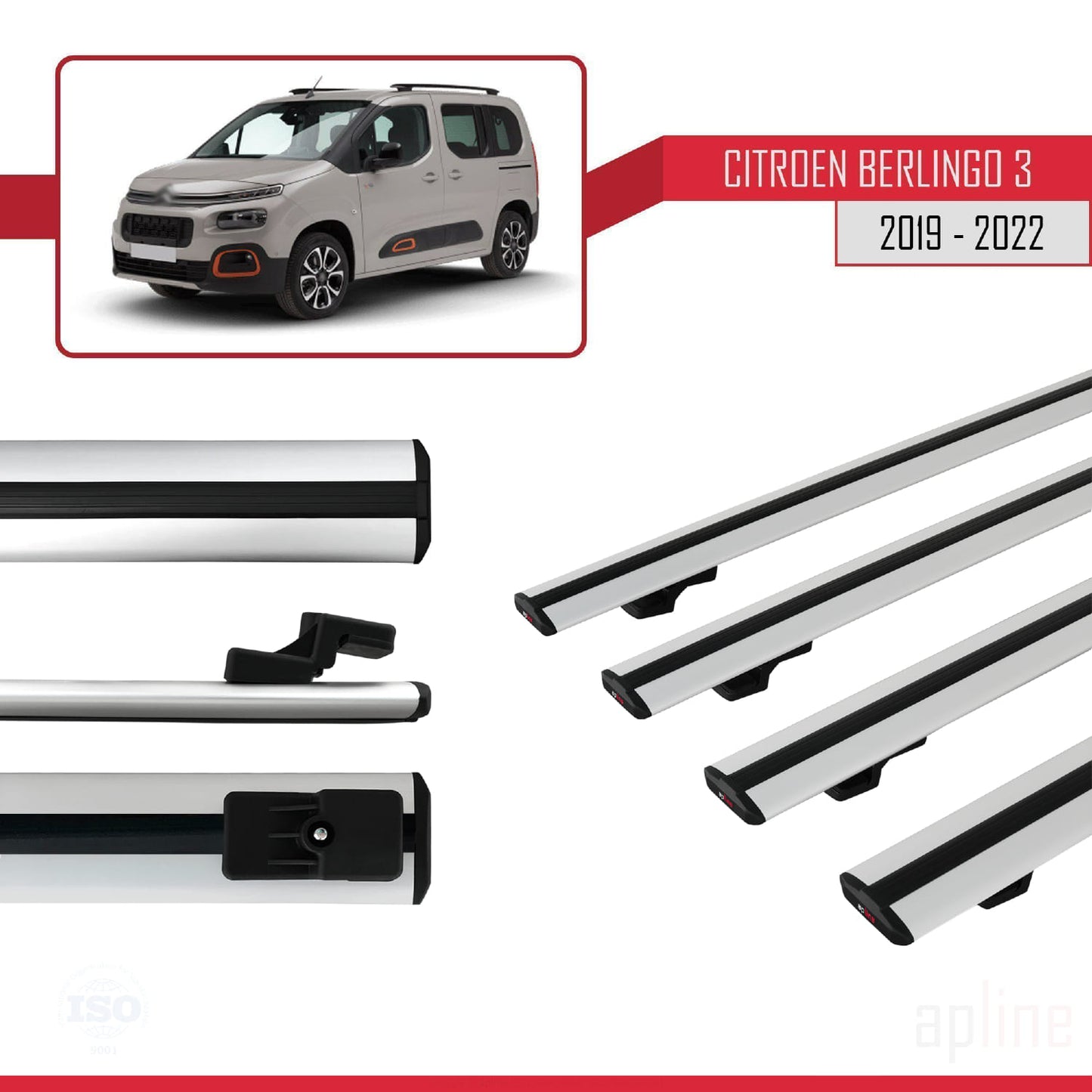 Kompatibel mit Citroen Berlingo 3 (K9) 2019-2022 BASIC Model Relingträger Dachträger Auto Gepäckträger Grau Aluminium 4 Stangen