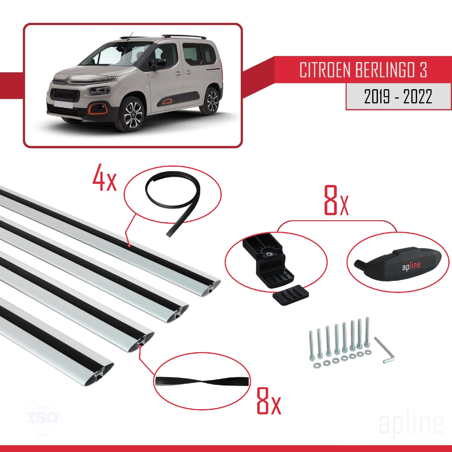 Kompatibel mit Citroen Berlingo 3 (K9) 2019-2022 BASIC Model Relingträger Dachträger Auto Gepäckträger Grau Aluminium 4 Stangen