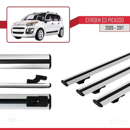 Kompatibel mit Citroen C3 Picasso 2009-2017 Basismodell Dachgepäckträger, graues Aluminium, 3 Stangen