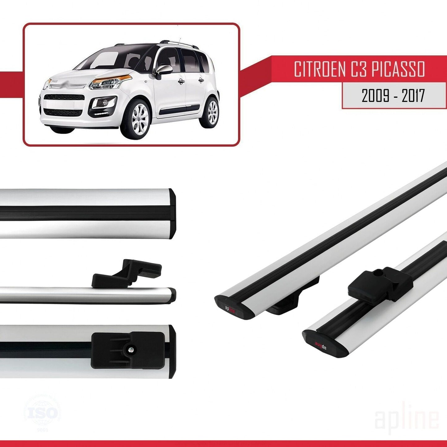 Kompatibel mit Citroen C3 Picasso 2009-2017 Basismodell Dachgepäckträger, graues Aluminium, 2 Stangen