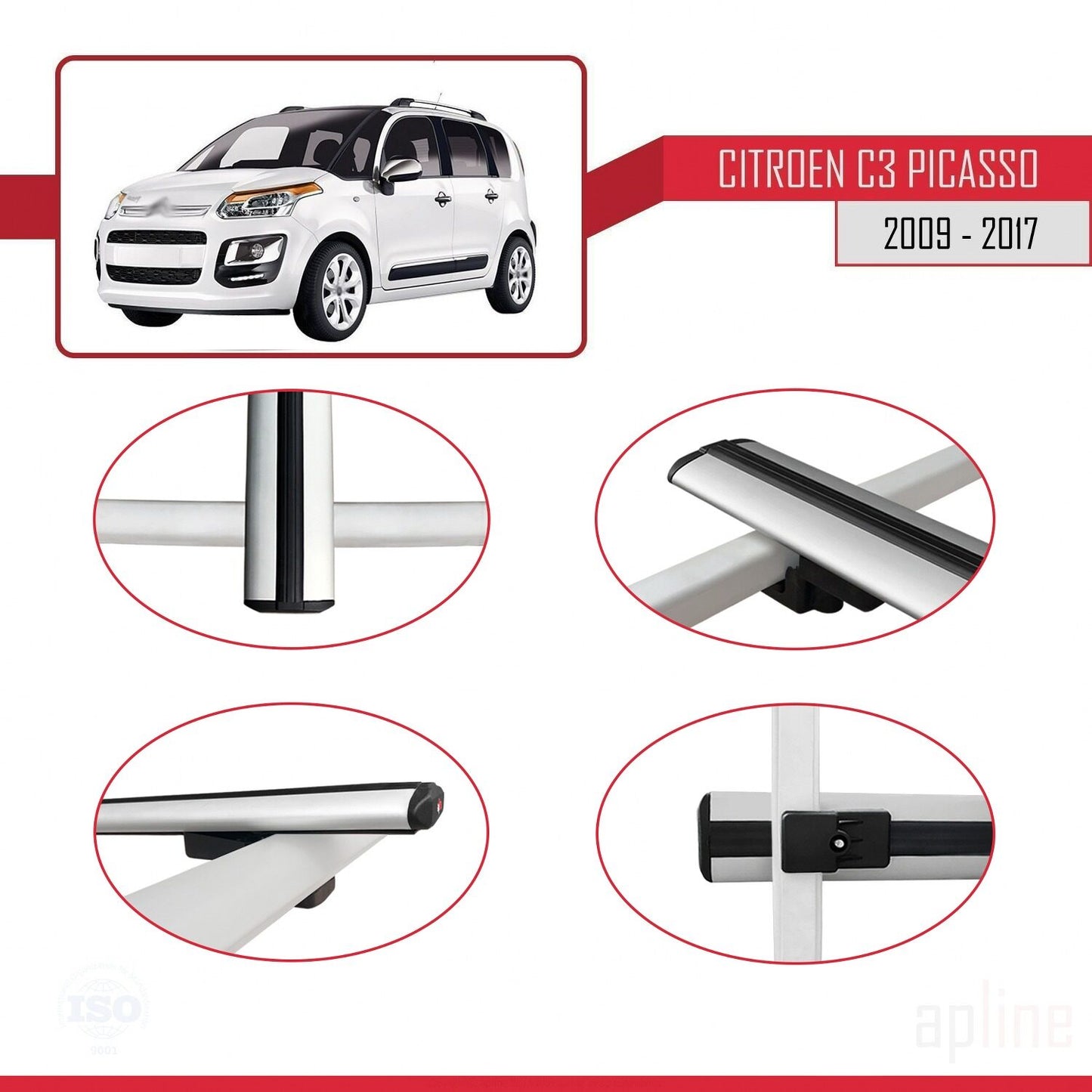 Kompatibel mit Citroen C3 Picasso 2009-2017 Basismodell Dachgepäckträger, graues Aluminium, 2 Stangen