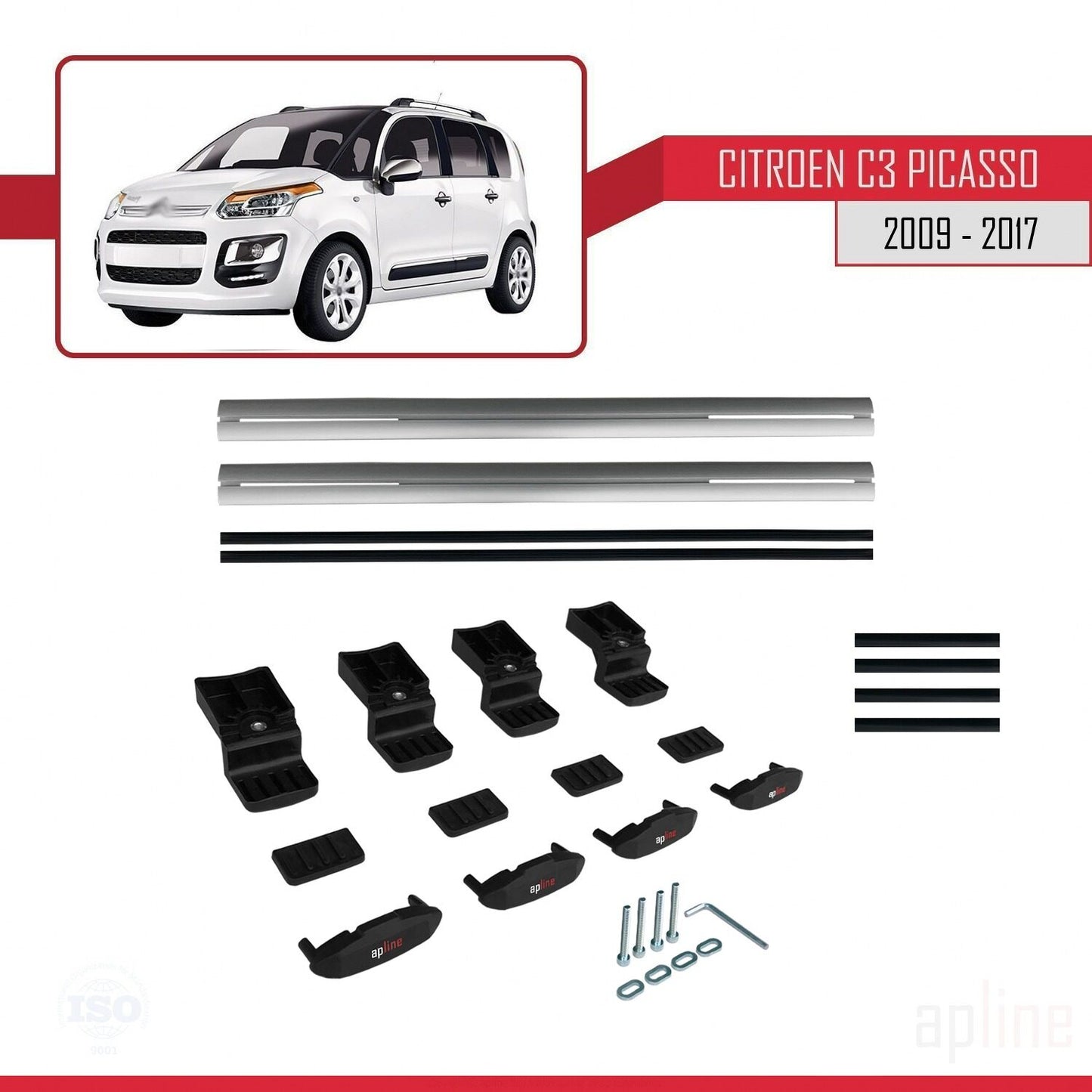 Kompatibel mit Citroen C3 Picasso 2009-2017 Basismodell Dachgepäckträger, graues Aluminium, 2 Stangen