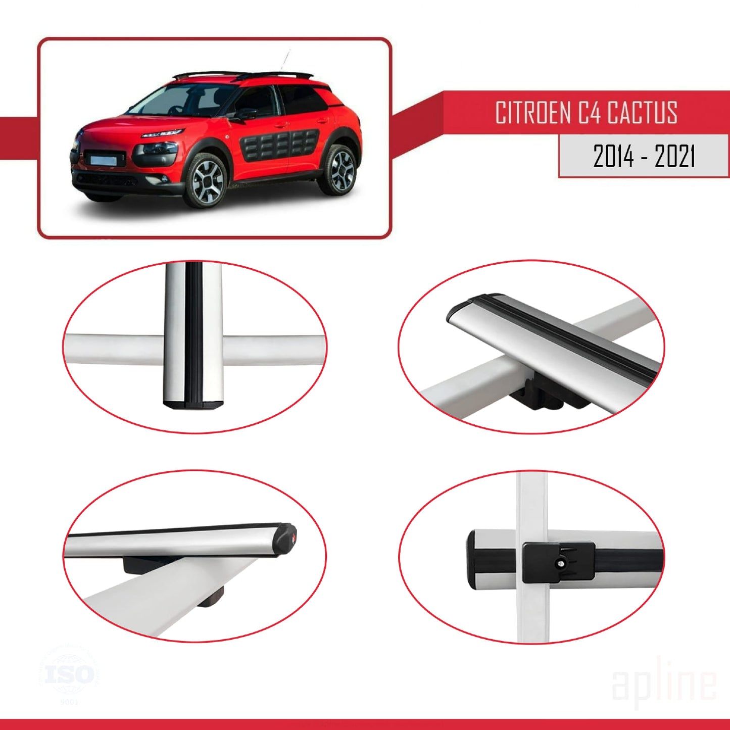 Kompatibel mit Citroen C4 Cactus 2014-2021 Basismodell Dachgepäckträger, graues Aluminium, 3-teilig