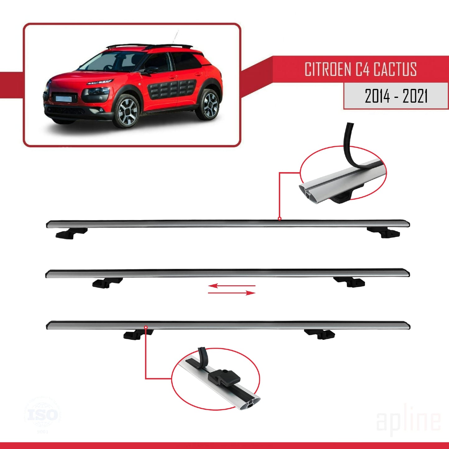 Kompatibel mit Citroen C4 Cactus 2014-2021 Basismodell Dachgepäckträger, graues Aluminium, 3-teilig