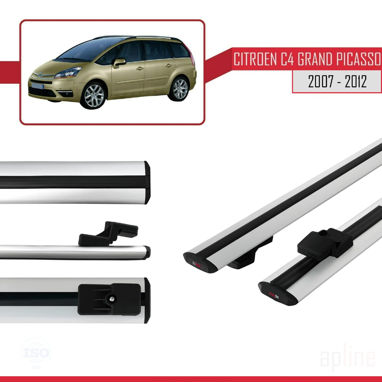 Kompatibel mit Citroen Grand C4 Picasso 2007-2012 Basismodell Dachgepäckträger, graues Aluminium, 2 Stangen