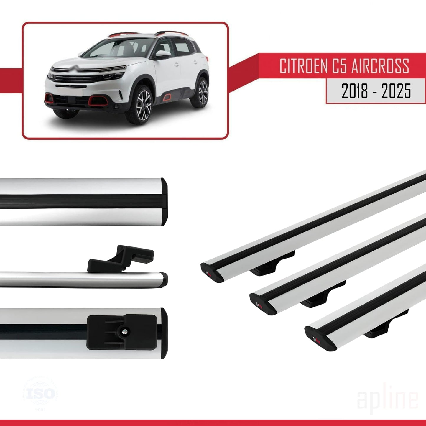 Kompatibel mit Citroen C5 Aircross 2018-2025 Basismodell Dachgepäckträger, graues Aluminium, 3-teilig