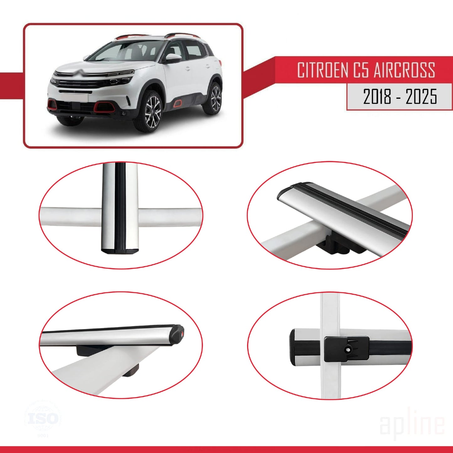 Kompatibel mit Citroen C5 Aircross 2018-2025 Basismodell Dachgepäckträger, graues Aluminium, 2 Stangen