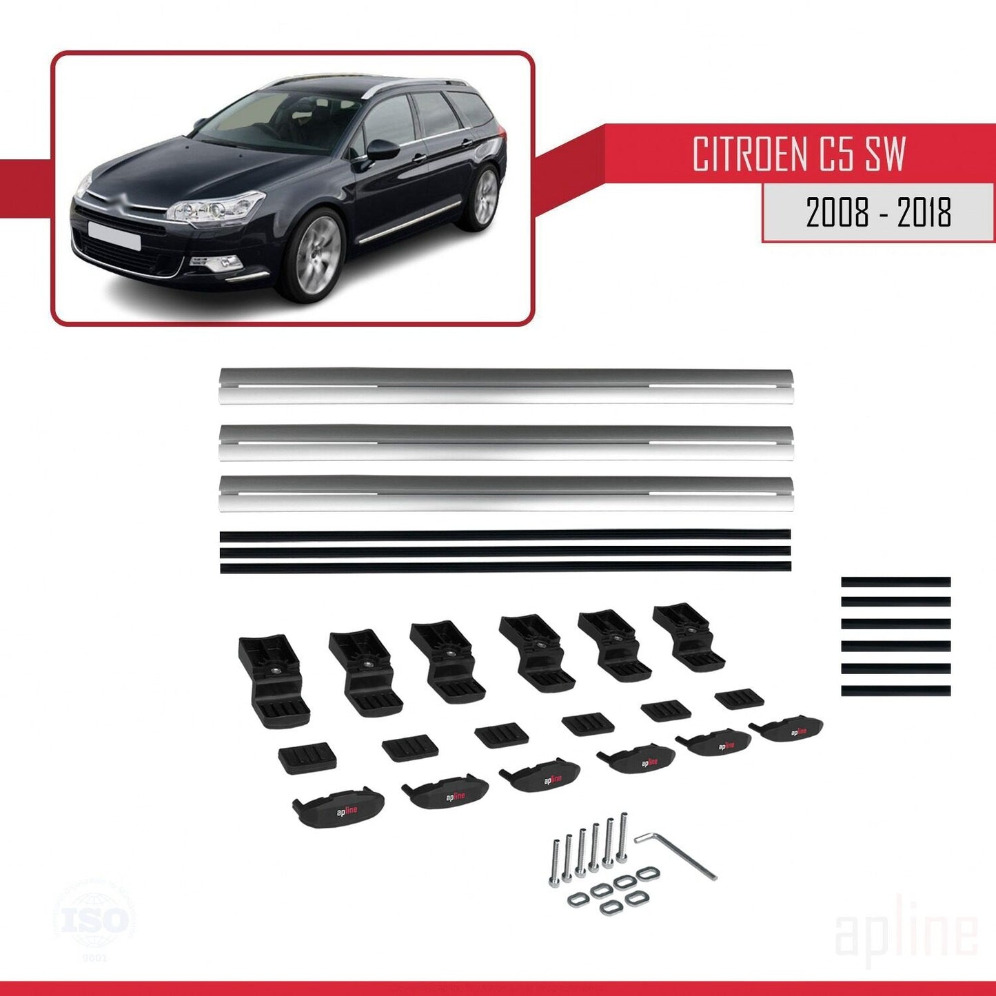 Kompatibel mit Citroen C5 II Tourer 2008-2018 BASIC Modell Dachgepäckträger, graues Aluminium, 3 Stangen