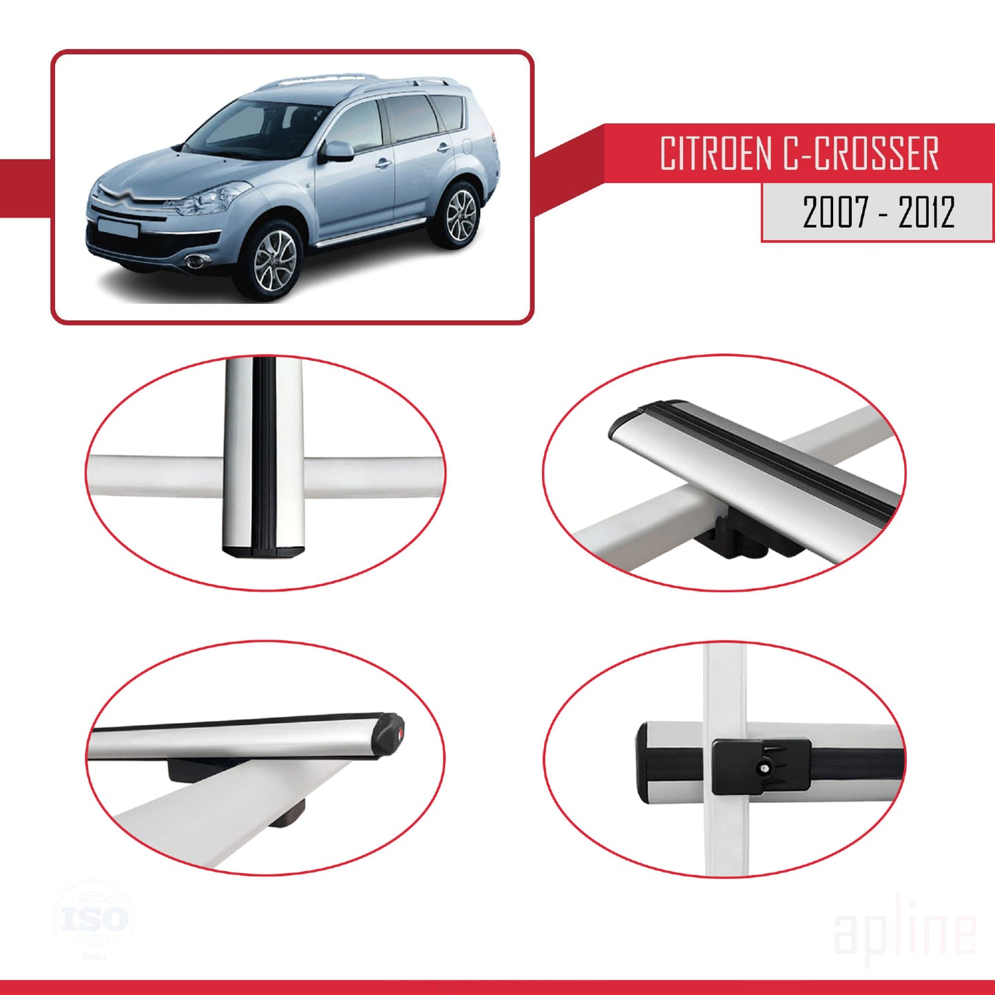 Kompatibel mit Citroen C-Crosser 2007-2012 Basismodell Dachgepäckträger, graues Aluminium, 3-teilig