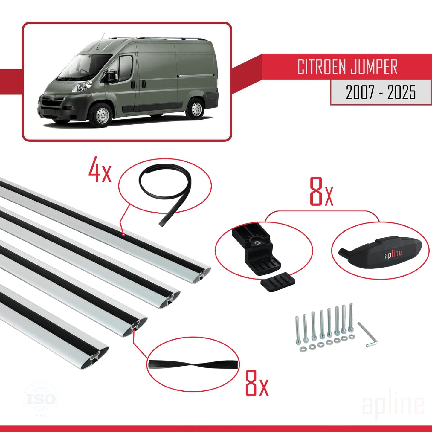 Kompatibel mit Citroen Jumper 2 2007-2025 Basismodell Dachgepäckträger, graues Aluminium, 4 Stangen
