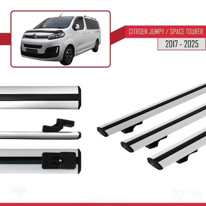 Kompatibel mit Citroen Jumpy 3 (K0) Space Tourer 2017-2025 BASIC Modell Dachgepäckträger, graues Aluminium, 3 Stangen